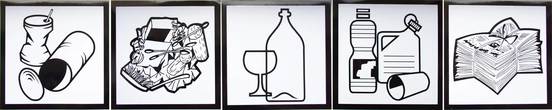 Aufklebersatz, selbstklebend, bestehend aus 5 Aufklebern, mit den Symbolen: Glas, Papier, Kunststoff, Metall, Restmüll von BAUER Südlohn